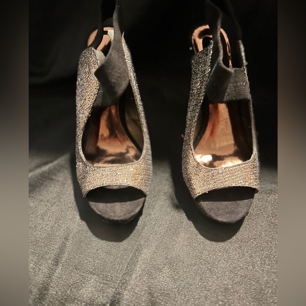 Carlos Black and Bronze Stiletto Open Toe Heels